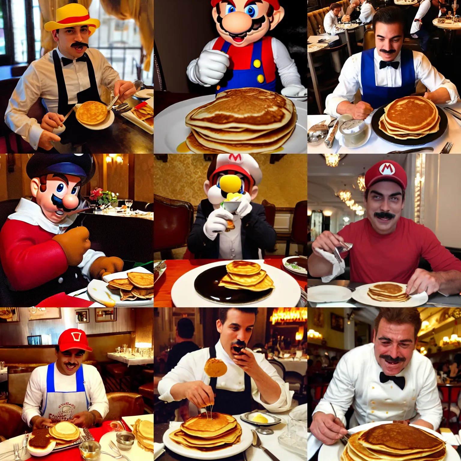 Prompt: mario eating pancakes in a fancy italian restaurant