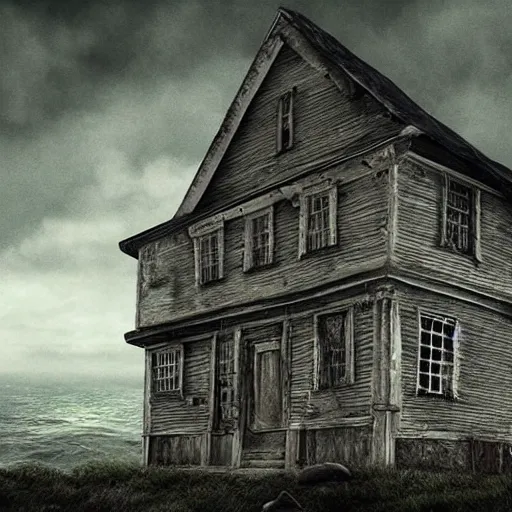 Image similar to old house at the edge of the world, hyperdetailed, photorealistic, moody, surreal, creepy, atmospheric, lsd