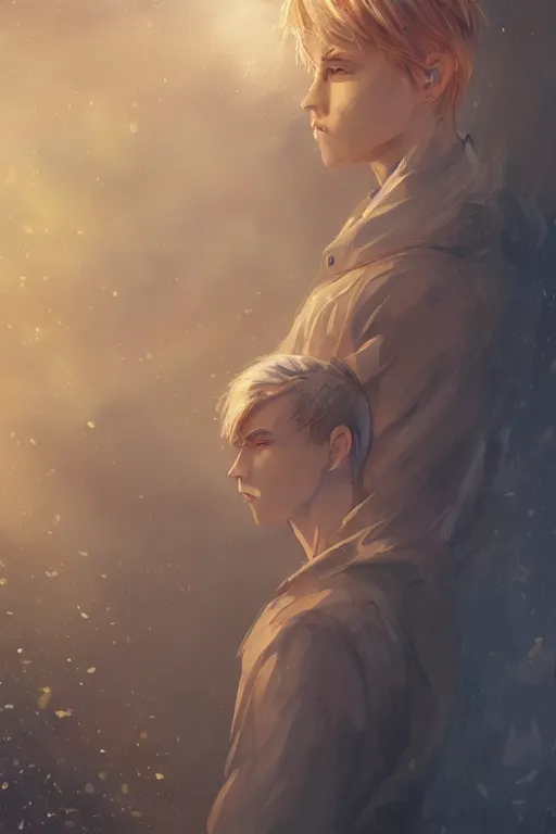 Prompt: young man with short blond hair, looking downwards, magical swirls, magical light, magical atmosphere, depression, painterly, highly detailed, 8 k, digital art trending on artstation, hyper detailed, graphic novel