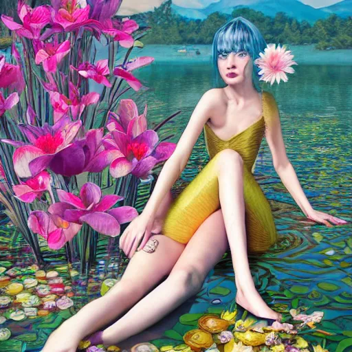 Prompt: pretty model with water lillies : : by martine johanna and simon stalenhag and chie yoshii and casey weldon and wlop : : ornate, dynamic, particulate, rich colors, intricate, elegant, highly detailed, vogue, harper's bazaar art, fashion magazine, smooth, sharp focus, 8 k, octane render