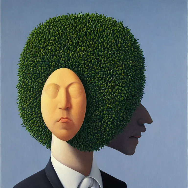 Prompt: portrait of a faceless flower - head man by rene magritte, detailed painting, distance, centered, hd, hq, high resolution, high detail, 4 k, 8 k
