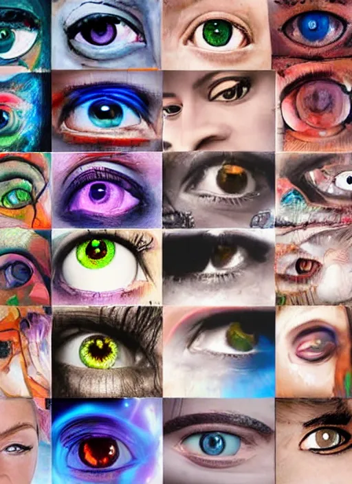 Prompt: diverse eyes! collage, teams, healing, energetic, life, hybrids, thin glowing devices, reflections, vitals visualiser!!, advanced art, art styles mix, from wikipedia, grid of styles