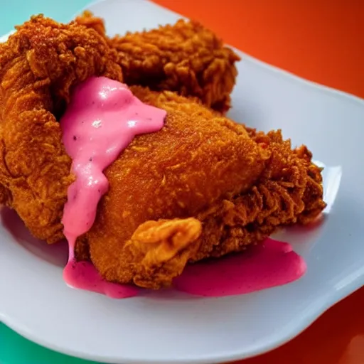 Prompt: fried chicken covered in pink sauce