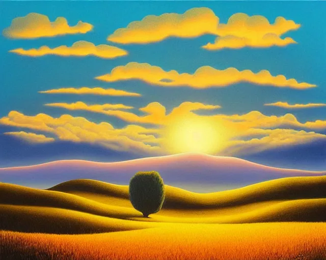 Image similar to a painting of an unimaginably beautiful landscape at golden hour, an ultrafine detailed painting by rafal olbinski, behance contest winner, pop surrealism, detailed painting, very detailed, minimalist, skeuomorphic, airbrush art