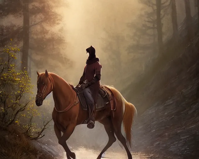 Image similar to a hooded adventurer on a horse. Hillside, mist, fog, trees, path, atmospheric lighting, adventurous, new beginnings, journey. By Makoto Shinkai, Stanley Artgerm Lau, WLOP, Rossdraws, James Jean, Andrei Riabovitchev, Marc Simonetti, krenz cushart, Sakimichan, trending on ArtStation, digital art.