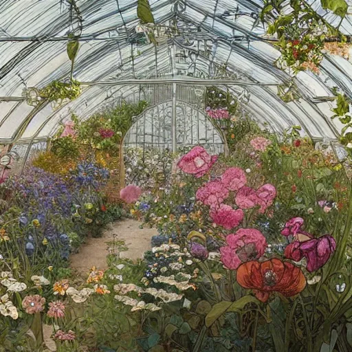 Image similar to a beautifull intricate watercolour painting of a greenhouse with many flowers, reflexions, verry high details by william turner art, greg rutkowski and alphonse mucha, trending on artstation, very very detailed, masterpiece