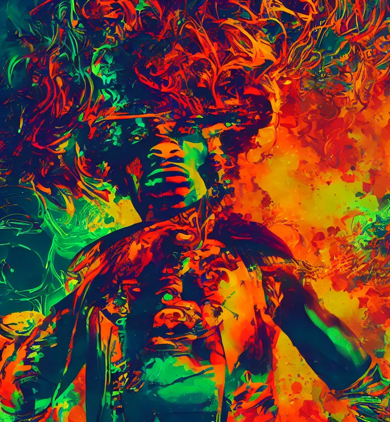 Image similar to jimi hendrix full body, colourful afrofuturist biomorphic opart in background, octane render 8 k, pascal blanche, roger dean, james jean, moebius, syd mead, killian eng, scifi, 8 k