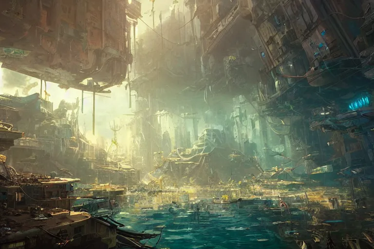 Image similar to a scenic view of an abandoned cyberpunk city under water, ray of sunlight, whale fall, fish flocks, Greg Rutkowski, Moebius, Mohrbacher, Mucha, blue and gold color scheme, ultra wide angle, light effect