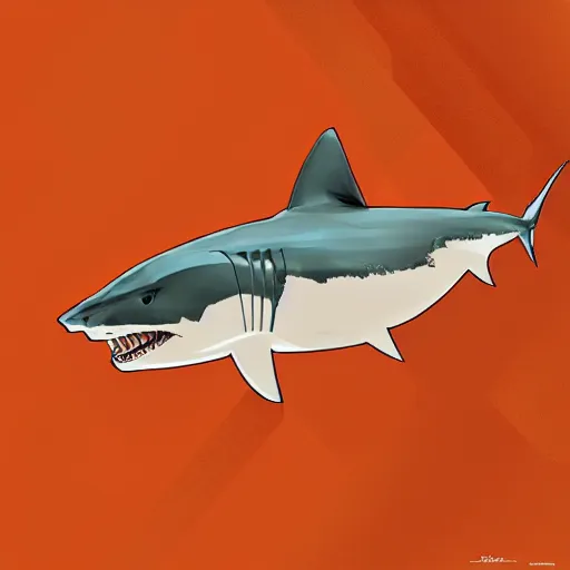 Prompt: great white shark with a conical orange traffic cone orange traffic cone orange traffic cone for a dorsal fin - ron cheng & alphonse mucha, highly detailed, digital painting, ray tracing, concept art, illustration, smooth sharp focus, intricate, symmetry, artstation,