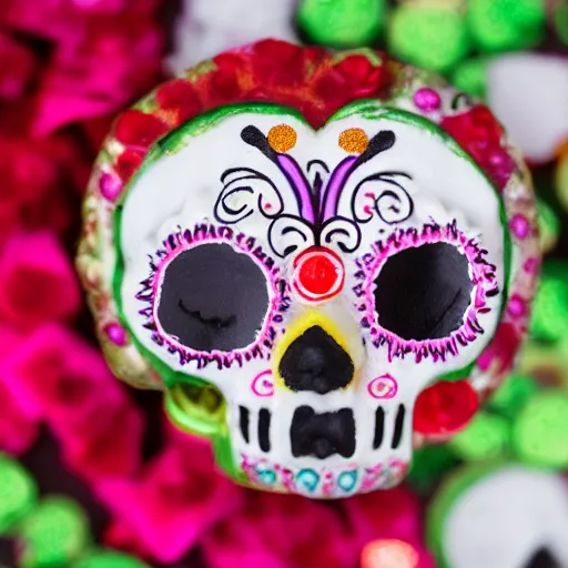 Prompt: mexican sugar skull candy in the shape of a havanese dog, ofrenda, 4 k close up photo, leica, bokeh