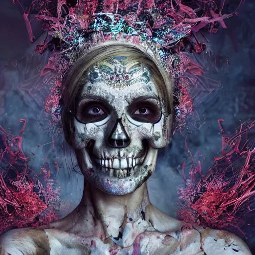 Image similar to full body pose, hyperrealistic mixed media painting of beautiful skull woman, dim volumetric lighting, 8 k, octane beautifully detailed render, extremely hyper detailed, intricate, epic composition, cinematic lighting, masterpiece, trending on artstation, very very detailed, masterpiece, stunning, hdr, smooth, sharp focus, high resolution, award, winning photo, dslr, 5 0 mm