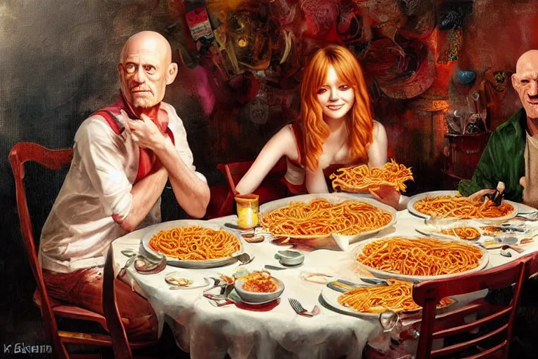 Image similar to emma stone having a spaghetti dinner with michael berryman, an oil painting by ross tran and thomas kincade