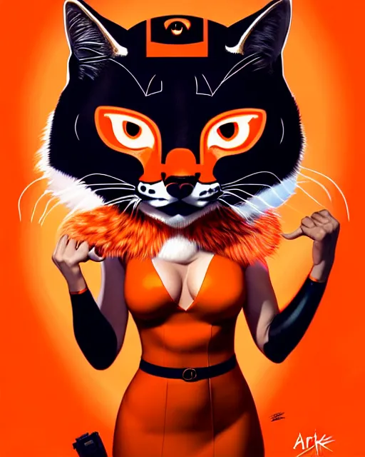 Prompt: artgerm, frank cho comic cover art, bobcat with orange fur, red dress, symmetrical eyes, symmetrical face, white shirt with red exclamation point logo, dark castle background, cinematic lighting