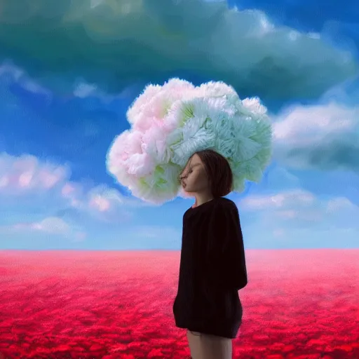 Image similar to head made of carnations flower, girl standing in a vast flower field, surreal photography, sunrise dramatic light, impressionist painting, colorful clouds, large sky, digital painting, artstation, simon stalenhag, flower face