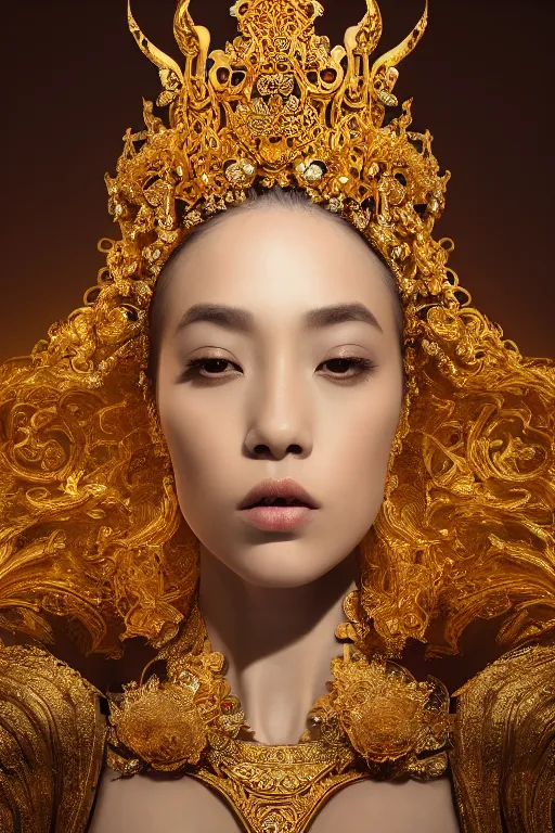 Image similar to a singular beautiful empress portrait, with a brilliant, impossible striking shiny big gold headpiece, symmetrical, reflective surface, gold clothes, rococo, baroque, jewels, asian, realistic, studio lighting, closeup, D&D, fantasy, intricate, elegant, highly detailed, digital painting, artstation, octane render, 8k, concept art, matte, sharp focus, illustration, art by Artgerm and Greg Rutkowski and Alphonse Mucha