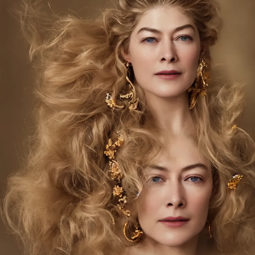 Image similar to gorgeously dreamlike beautiful face Rosamund Pike, hair updo, balayage, natural make-up, luxurious ornate golden jewelry, earrings, low cut dress, dynamic lighting, award winning photo shoot, intricately detailed, glimmering, shining, photo realistic, cinematic, volumetric lighting, fashion portrait, 8K UHD