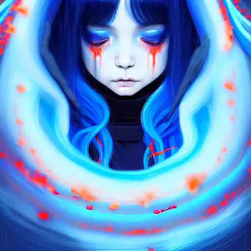 Image similar to blue slime swirling around rimuru tempest with black wings, enveloped in ghosts, sky blue straight hair, bangs, with amber eyes, red tailcoat, high collar, ultra fine detail, dark theme, digital painting, psychedelic, cinematic, wlop, pixiv, ilya kuvshinov, ross tran
