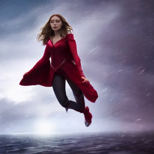 KREA - elizabeth olsen as the scarlet witch afloat in the air with red  eyes, red magic surrounds her, trending on artstation, 8 k quality,  cgsociety contest winner, artstation hd, artstation hq