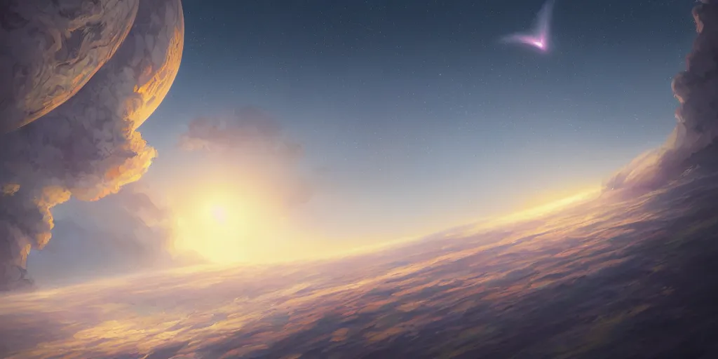 Prompt: beautiful digital illustration of a curvilinear Comet coming toward earth by Andreas Rocha, curvilinear architecture, fluffy pastel clouds, cinematic, architecture, concept art, deviantArt, artsation, artstation HQ, HD, 16k resolution, smooth, sharp detail, amazing depth, octane, finalRender, Unreal Engine