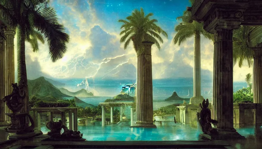 Image similar to From Inside the giant Palace, mediterranean balustrade and columns, refracted line and sparkles, thunderstorm, greek pool, beach and Tropical vegetation on the background major arcana sky and occult symbols, by paul delaroche, hyperrealistic 4k uhd, award-winning, very detailed paradise