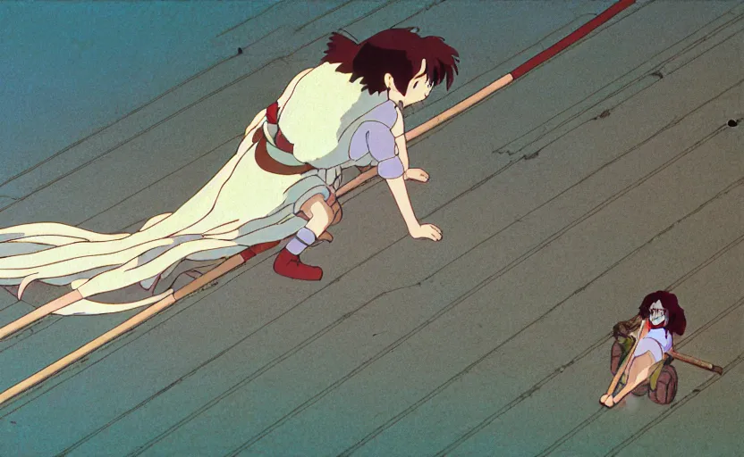 Image similar to a still from a studio ghibli movie of a magic carpet ride from princess mononoke ( 1 9 9 7 ), full body, wide shot, very dull muted colors, studio ghibli, highly detailed, deviantart, art by artgem