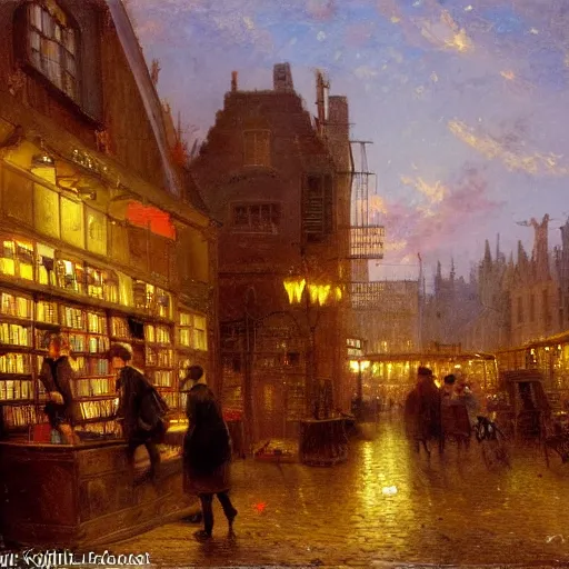 Image similar to Cornelis Springer and Richard Schmid and Willem Koekkoek victorian genre painting painting of an english 19th century english bookshop store front on a stone city streat with shops and stores at night with cozy lights