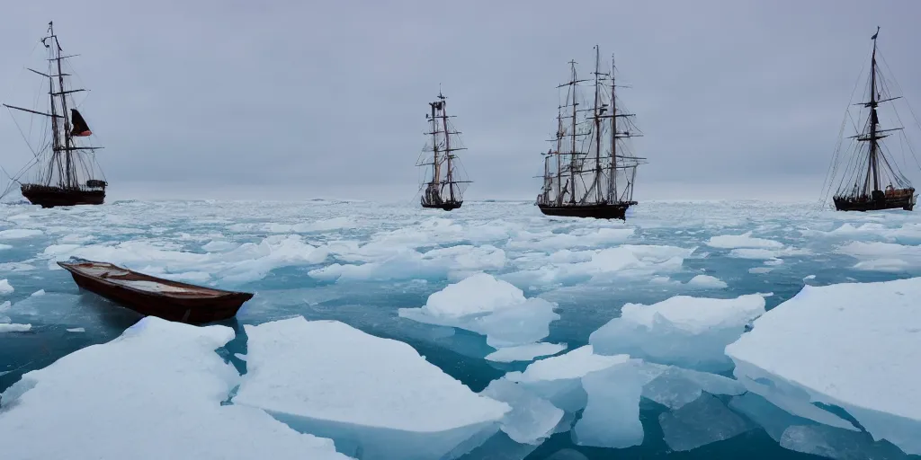 Image similar to 1840s sailship stuck in sea ice, wide angle shot, HD, frozen sea, ice seracs