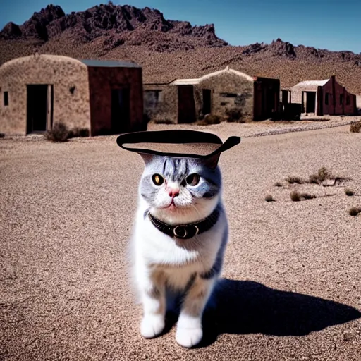 Image similar to a photo of scottish fold cat wearing cowboy hat, posing in the deserted us desert ghost town