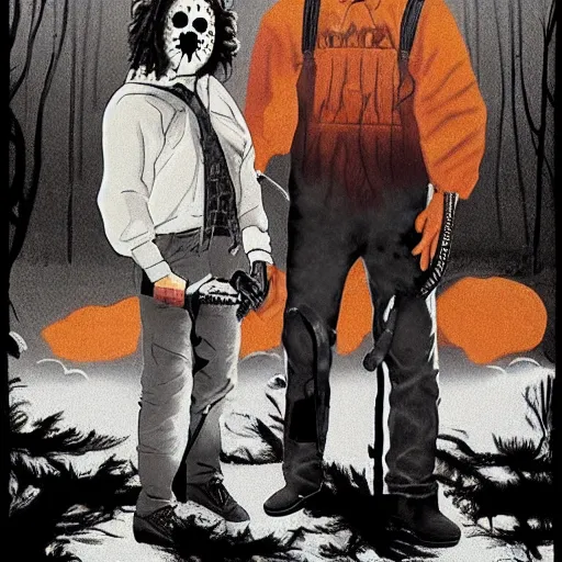 Image similar to Leatherface and Jason voorhees in a Wes Anderson style horror movie