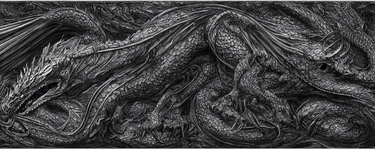 Image similar to full body, side perspective, large black scaled dragon, 3D, 8k resolution, by H R Giger