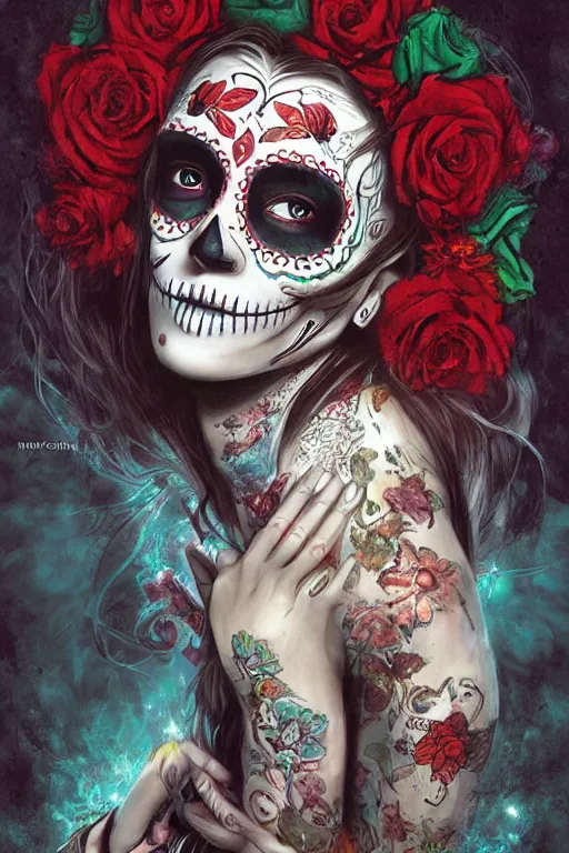 Image similar to illustration of a sugar skull day of the dead girl, art by aleksi briclot