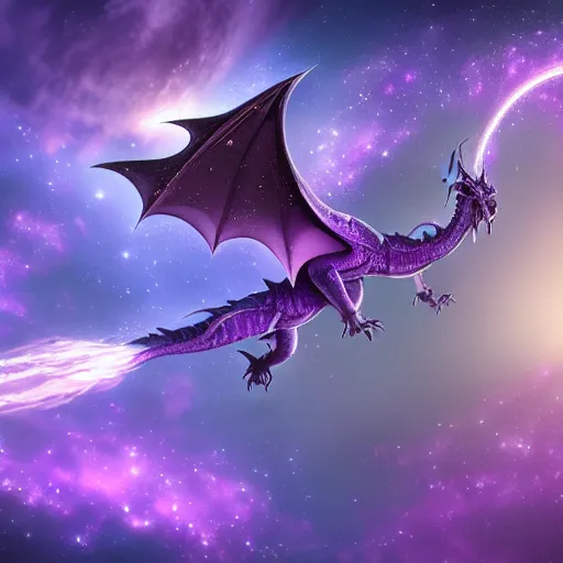 Prompt: a purple star galaxy dragon flying through nebulous space, artstation, digital art, 4k, hyper realism, high detail, cinematic