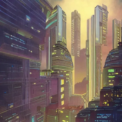 Image similar to glowing sci-fi building in a pleasant urban setting in style of Hiroshi Yoshida