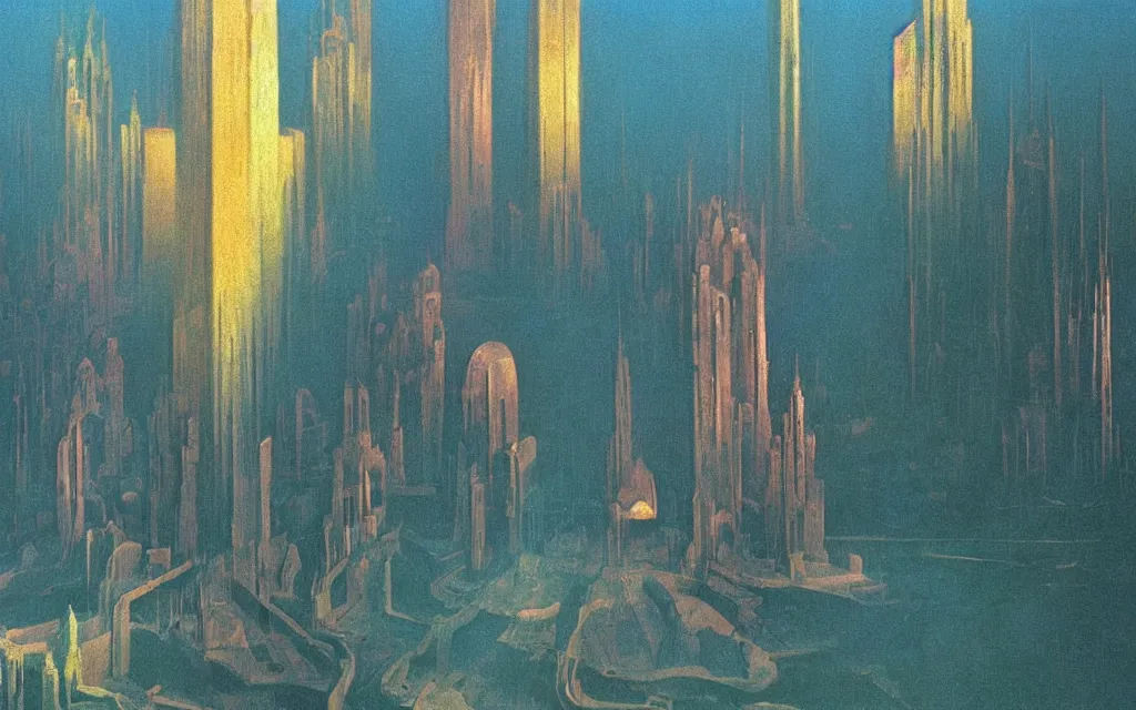 Prompt: colorized movie still from metropolis, oil painting by zdzisław beksinski, iridescent color palette chromatic aberration