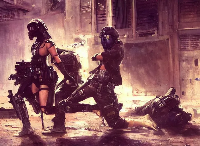 Image similar to sophia evades sgt griggs. Cyberpunk hitwoman escaping Cyberpunk policeman in combat gear. (police state, Cyberpunk 2077, blade runner 2049). Cyberpunk Iranian orientalist portrait by john william waterhouse and Edwin Longsden Long and Theodore Ralli and Nasreddine Dinet, oil on canvas. Cinematic, Dramatic lighting.