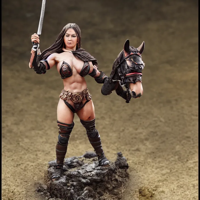 Prompt: 80mm resin detailed miniature of a Muscular Woman warrior with a Horse, Product Introduction Photos, 4K, Full body, simple background