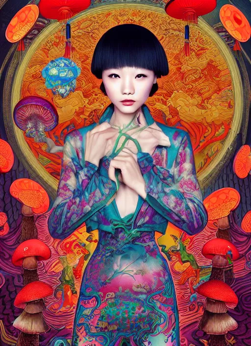 Image similar to pretty chinese model with hallucination mushroom : : by martine johanna and simon stalenhag and chie yoshii and casey weldon and wlop : : ornate, dynamic, particulate, rich colors, intricate, elegant, highly detailed, centered, vogue, harper's bazaar art, fashion magazine, smooth, sharp focus, octane render, 8 k