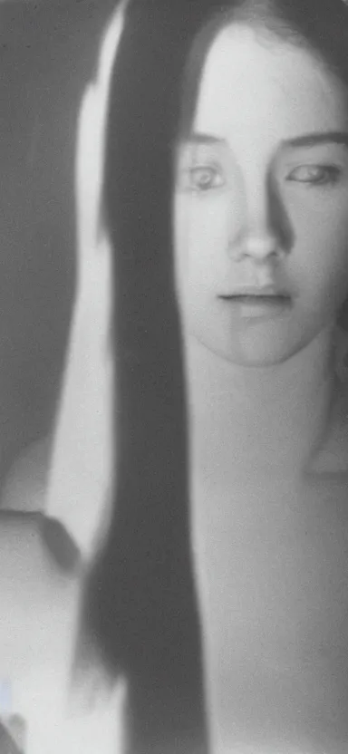 Image similar to filmstill photography of female face behind with white translucent blanket