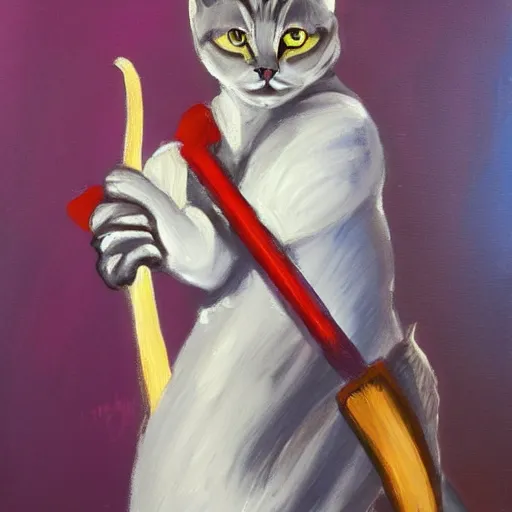 Image similar to cat swordman, brush strokes, oil painting