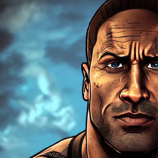 Image similar to dwayne douglas johnson portrait, borderlands, tales from the borderlands, the wolf among us, comic, cinematic lighting, studio quality, 8 k