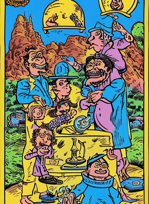 Image similar to dadcore wizards on vacation by basil wolverton and robert crumb in the style of a garbage pail kids card, tarot card, play - doh