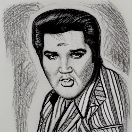 Prompt: a pencil sketch of Elvis drawn by Robert Crumb