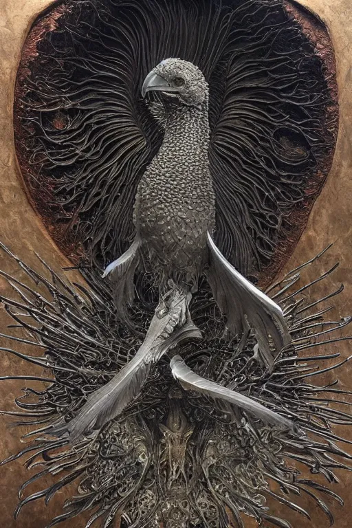 Image similar to Intricate stunning highly detailed raven by agostino arrivabene and Vladimir Kush, surreal metal sculpture, ultra realistic, Horror, dramatic lighting, full moon, blood moon, thick black swirling smoke tornado, burning fire embers