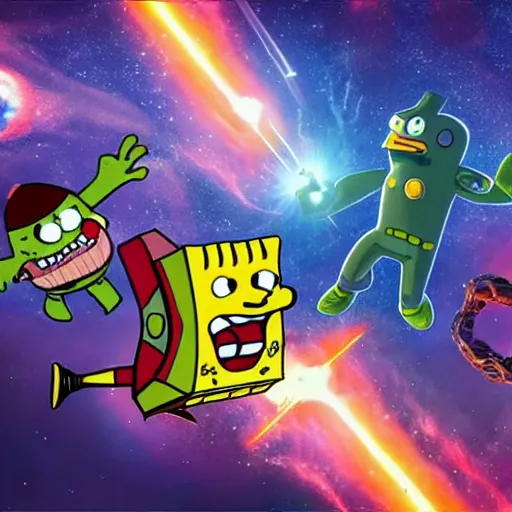 Prompt: the avengers battle spongebob squarepants in space, galaxy, hd, explosions, gunfire, lasers, spatula, giant, epic, showdown, colorful, realistic photo, unreal engine, movie, stars, deep space