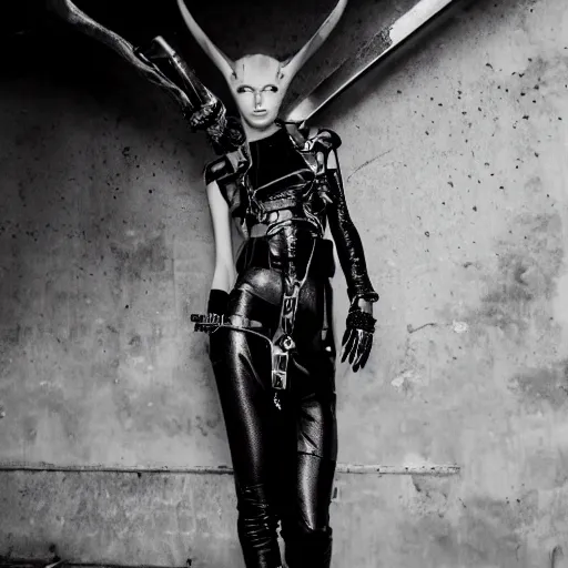 Prompt: fashion photography of an extraterrestrial model, holding a sword, wearing demobaza fashion, inside berghain, berlin fashion, harness, futuristic fashion, dark minimal outfit, photo 3 5 mm leica, hyperdetail, berghain, 8 k, very detailed, photo by nick knight