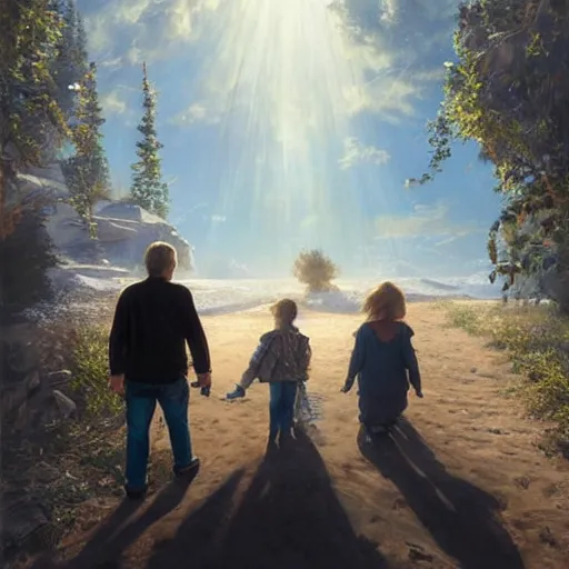 Image similar to epic masterpiece of cinematographic hyperrealism where a family of 3 happy people appears in an advanced technological world. realistic shaded lighting poster by craig mallismo, artgerm, jeremy lipkin and michael garmash, unreal engine, radiant light, detailed and intricate environment, digital art, art station trends