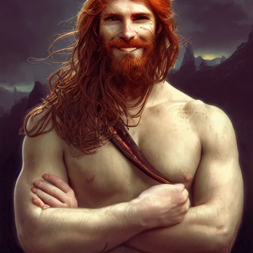 Image similar to portrait of a young ruggedly handsome but joyful pirate, soft freckles, male, masculine, upper body, red crimson hair, long long flowing hair, fantasy, proud smirk, intricate, elegant, highly detailed, digital painting, artstation, concept art, matte, sharp focus, illustration, art by artgerm and greg rutkowski and alphonse mucha