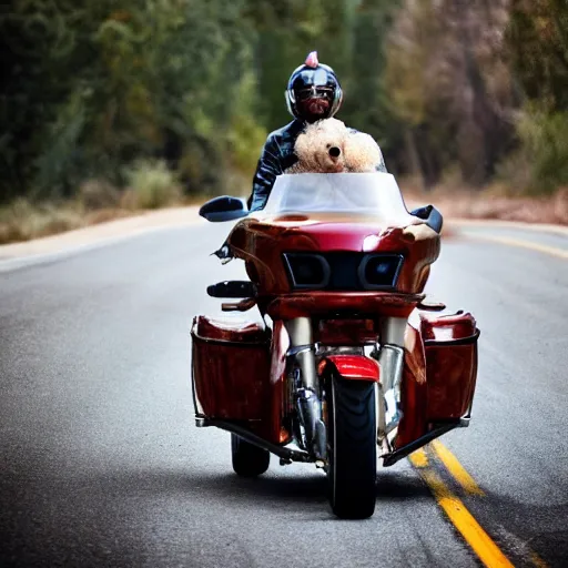 Prompt: Turkey on a Harley Davidson motorcycle, wearing a helmet, award-winning photography