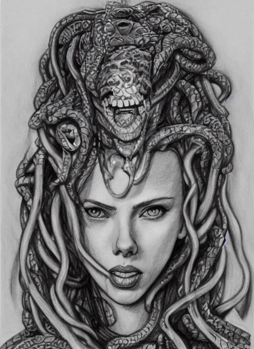 Prompt: pencil drawing of scarlett johansson as medusa wearing snakes in her head in the berserk manga, smiling expression showing fangs, big snakes heads, by kentaro miura