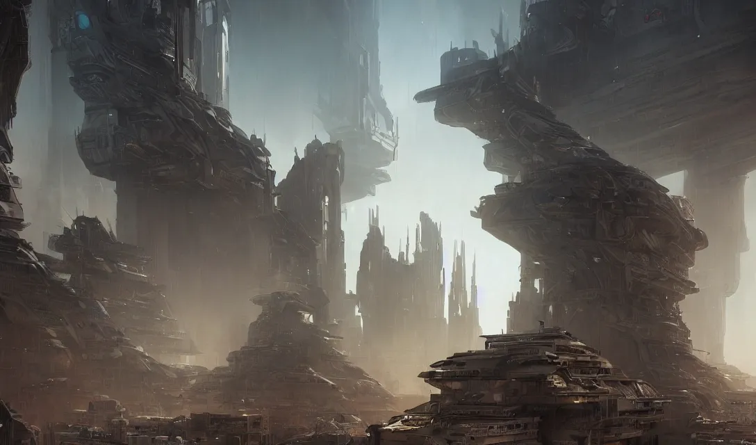 Image similar to cinematic futuristic city of the God Emperor at the end of the desert by Greg Rutkowski, cyberpunk angels flying, futurism, futuristic architecture concept, inspired by Stephan Martiniere and Bjarke Ingels, fantasy, digital art, professional illustration, realistic, ultra detailed, atmospheric, cinematic lighting, movie concept art, hyper detailed, insanely detailed, corona render, octane render, colorful redshift render, 8k